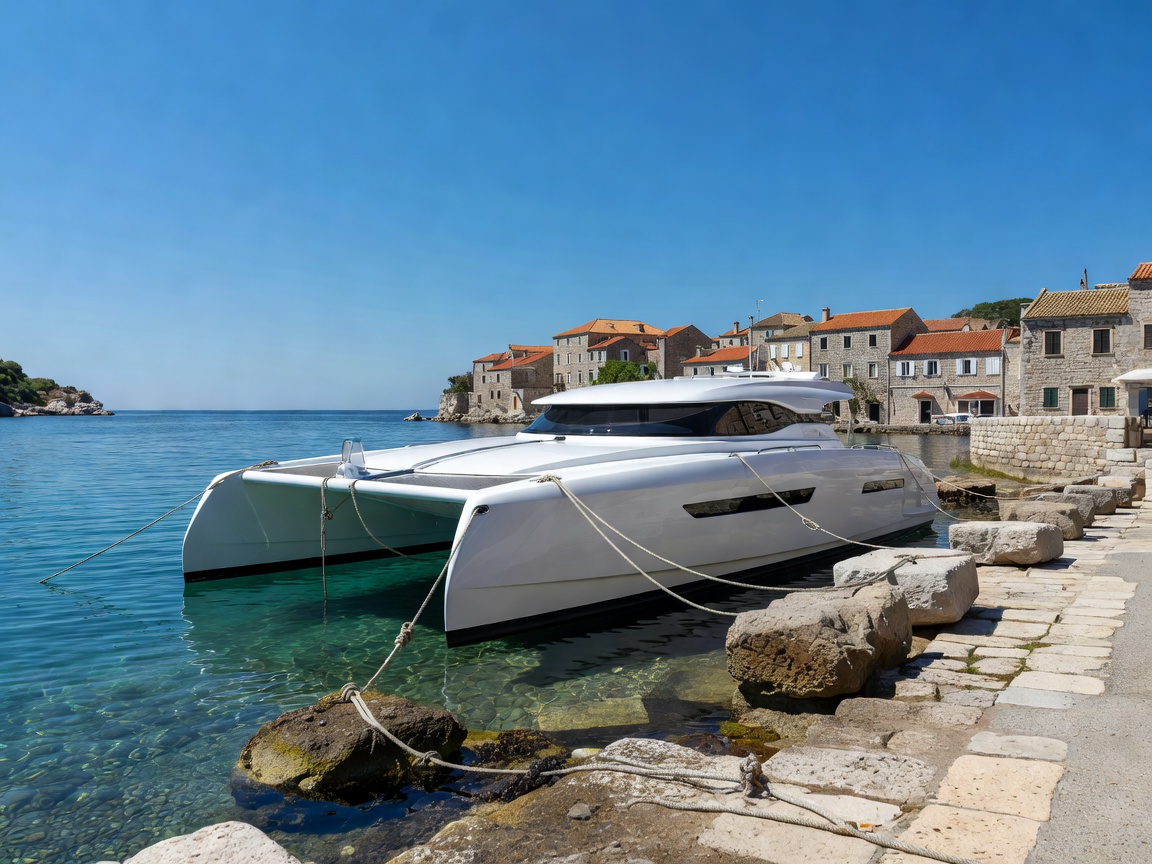High speed catamaran docked along the stone quays of Dalmatia