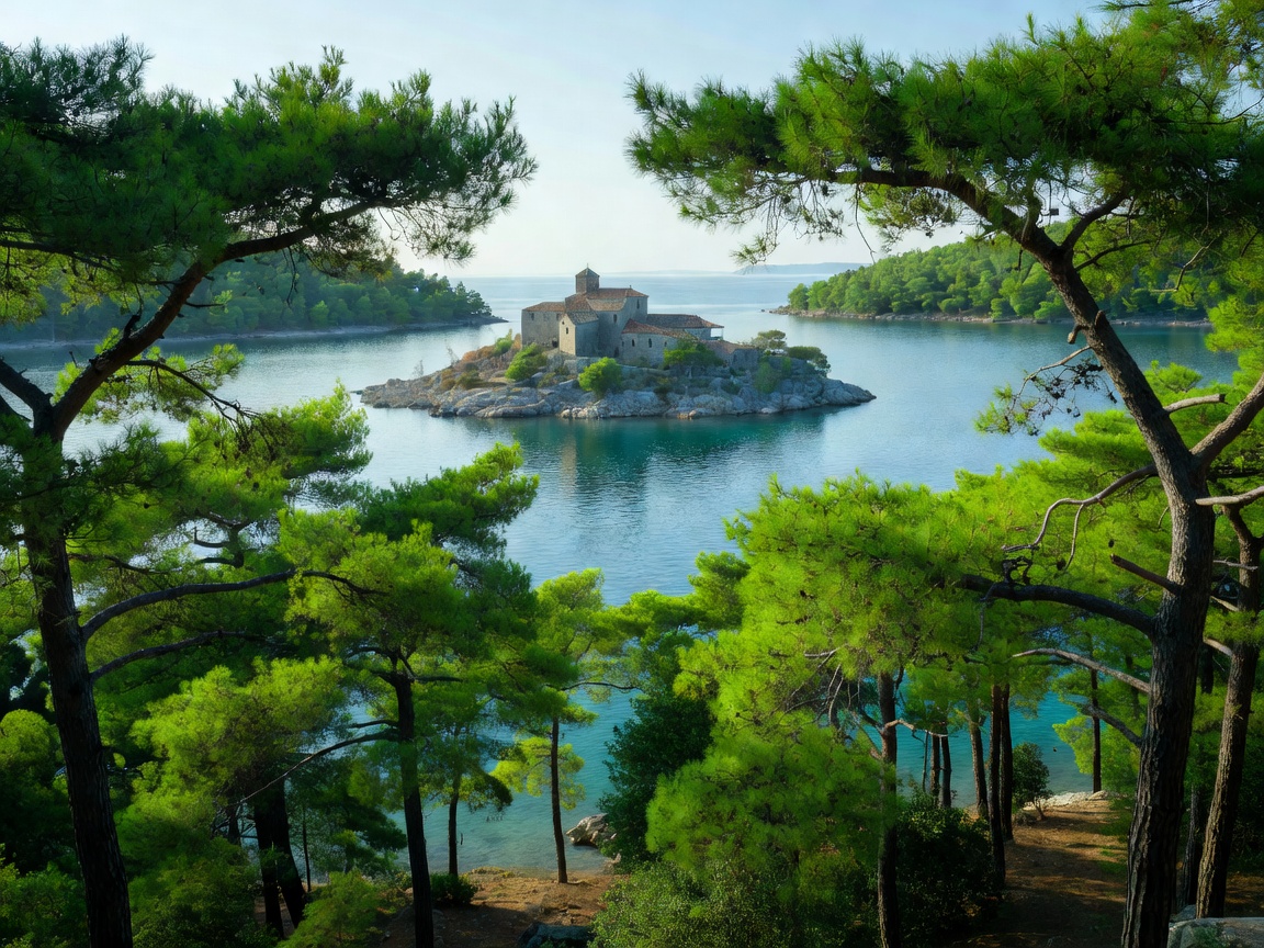 Lush green pine forest framing a saltwater lake with an islet monastery on Mljet