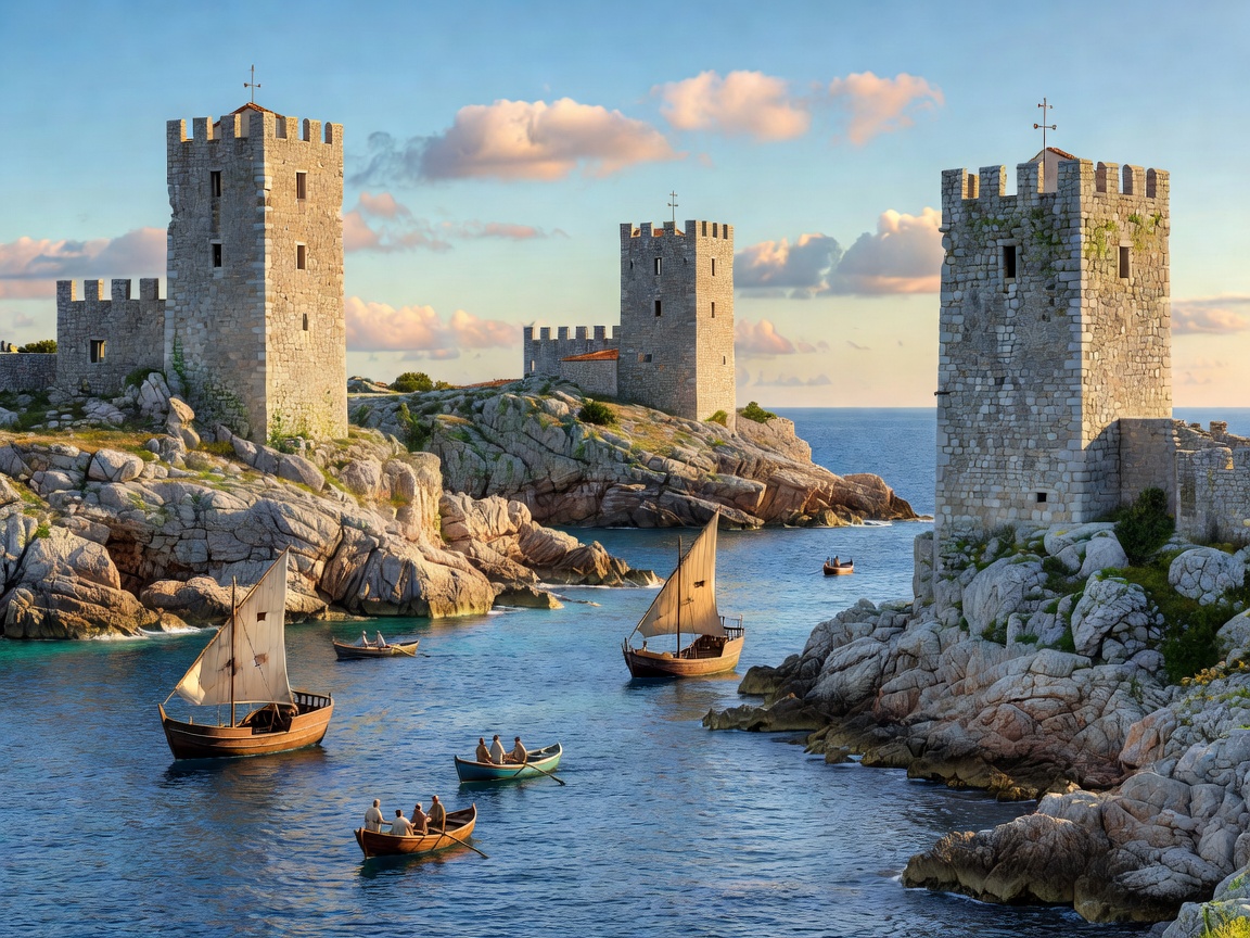 Venetian stone watchtowers overlooking the Pelješac Channel in Korčula